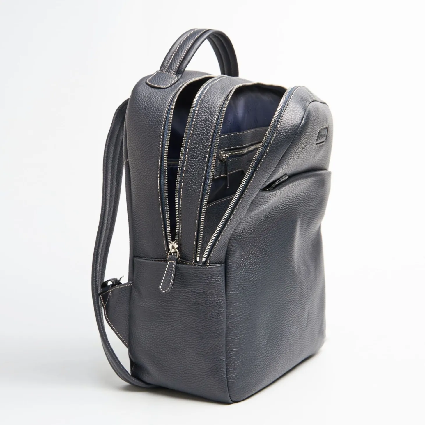 Backpack In Blue Leather With Reinforced Back Panel