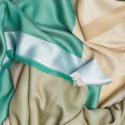 Beige And Green Cashmere Stole With Light Blue Silk Detail