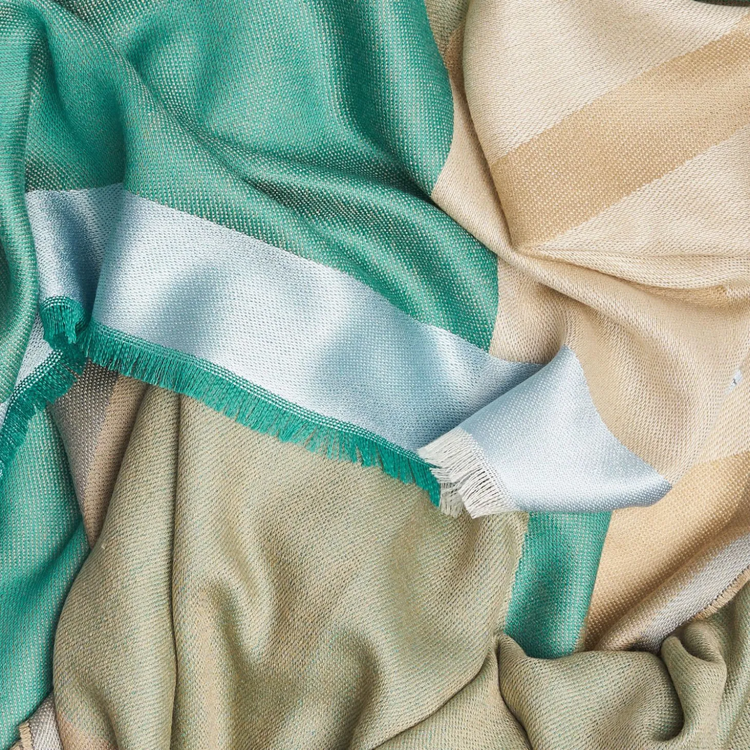 Beige And Green Cashmere Stole With Light Blue Silk Detail