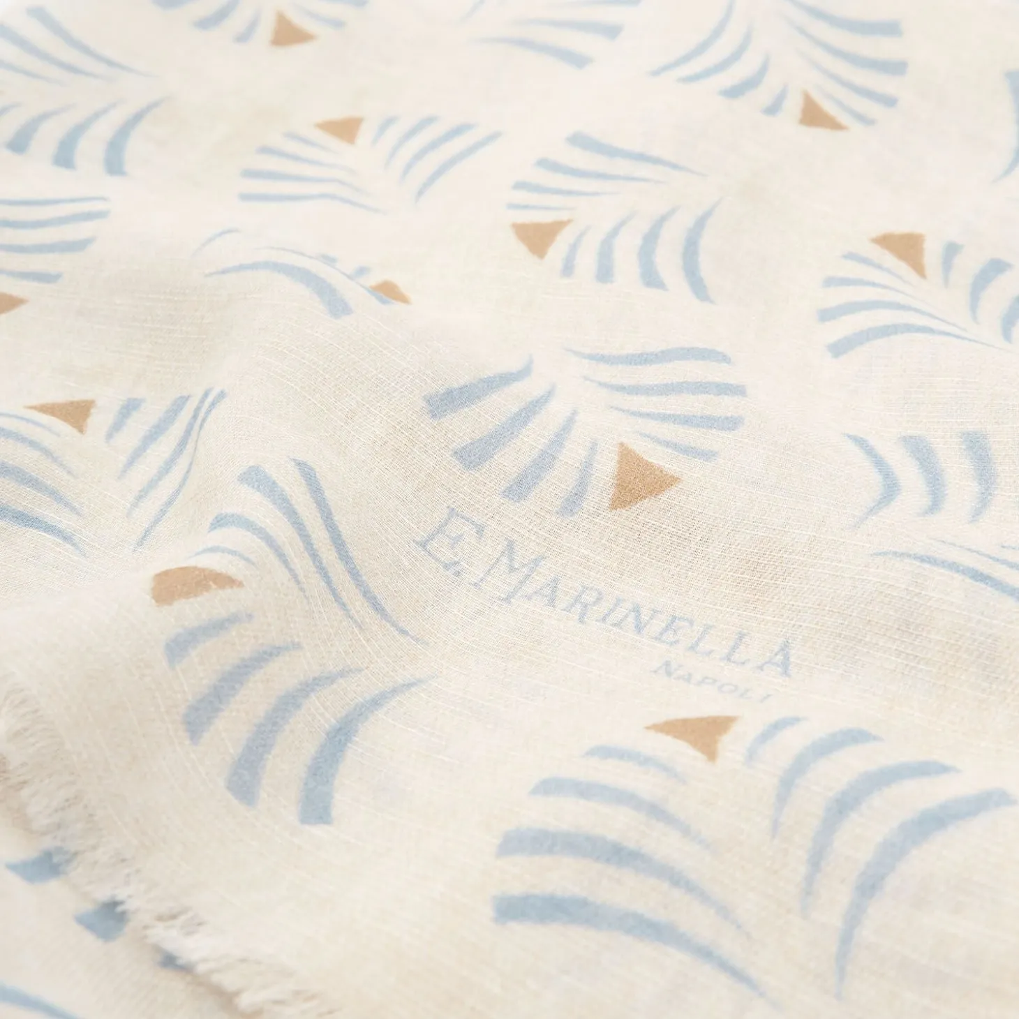 Beige Cotton And Linen Scarf - Light Blue Fans