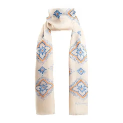 Beige Cotton And Linen Scarf - Light Blue Macro Flowers