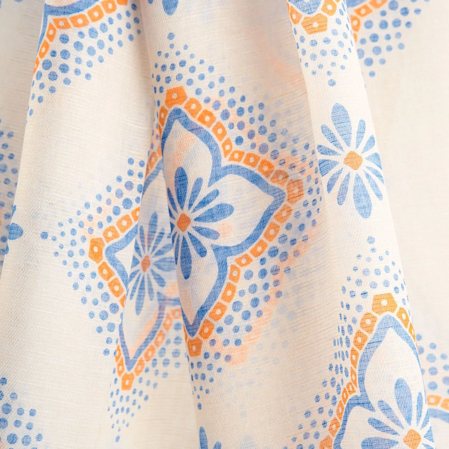Beige Cotton And Linen Scarf - Light Blue Macro Flowers