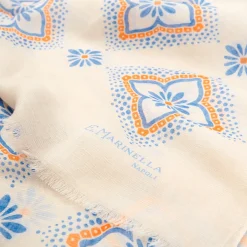 Beige Cotton And Linen Scarf - Light Blue Macro Flowers
