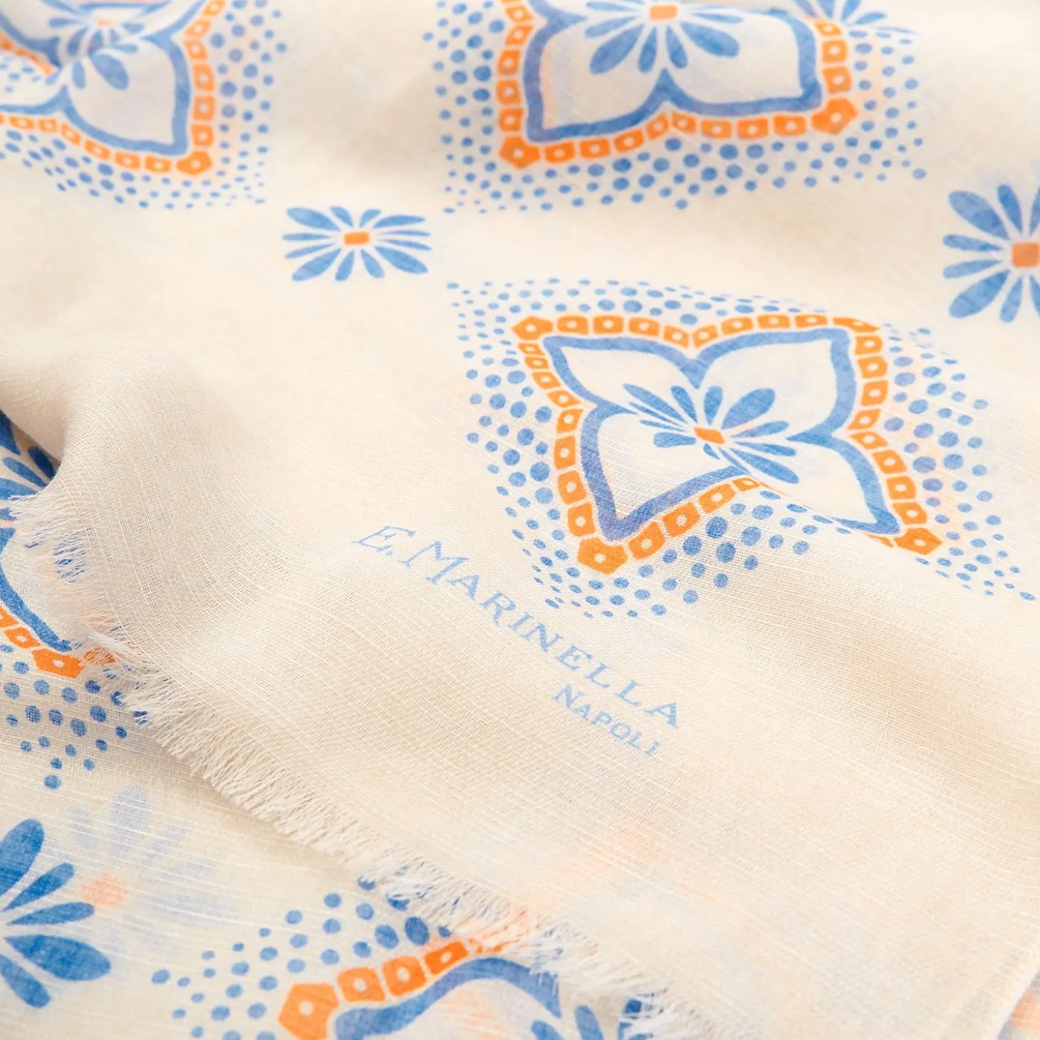 Beige Cotton And Linen Scarf - Light Blue Macro Flowers