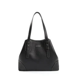 Black Textured Leather Midi Tote Bag