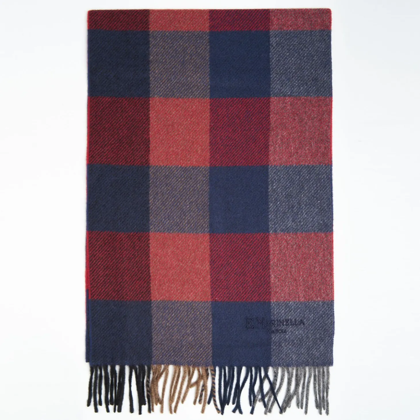 Blue And Burgundy Cashmere Plaid Scarf With Bangs