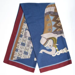 Blue And Burgundy Wide Wool Scarf Ethnic Pattern