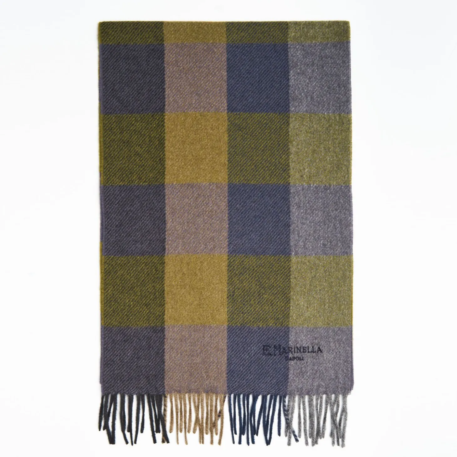 Blue And Dark Green Cashmere Plaid Scarf With Bangs