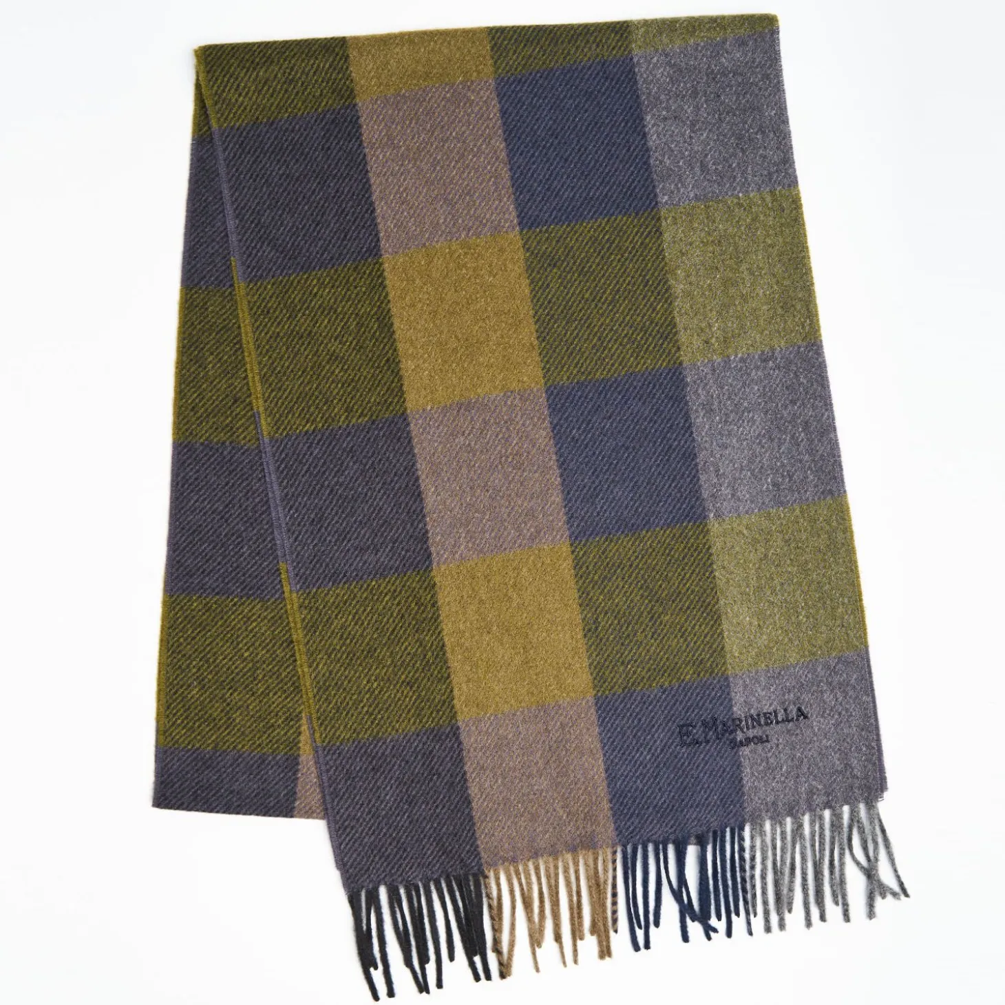 Blue And Dark Green Cashmere Plaid Scarf With Bangs