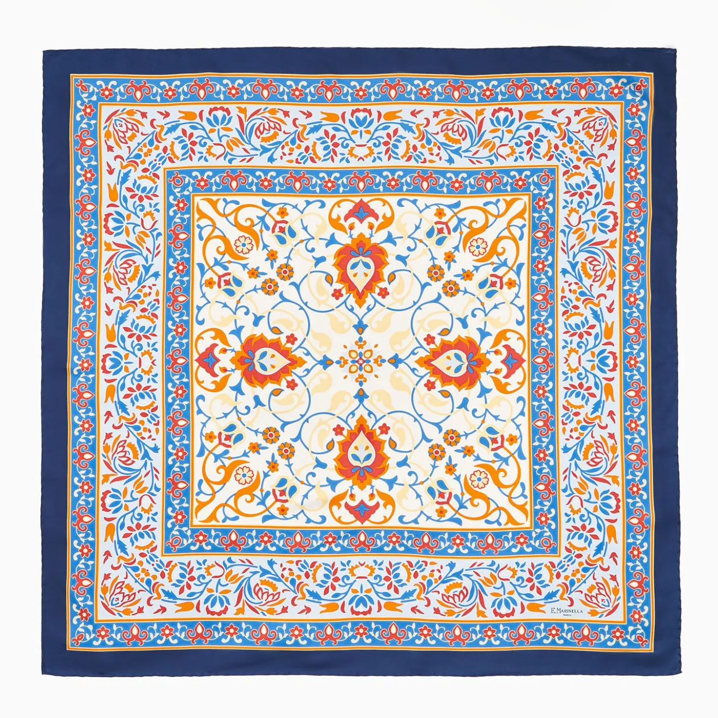 Blue And Red Silk Scarf 90 - Damask Pattern