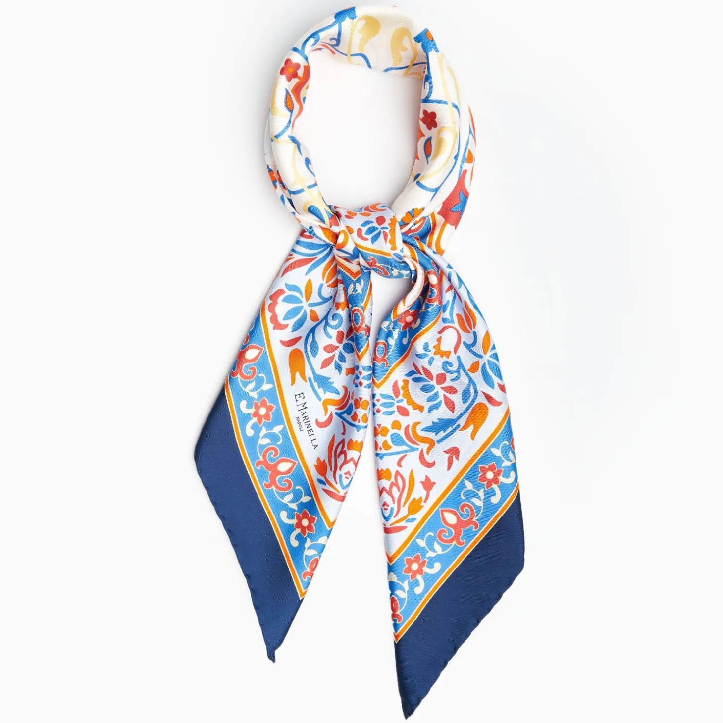Blue And Red Silk Scarf 90 - Damask Pattern