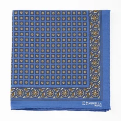 Blue Hand-Printed Silk Pocket Square Large Flower Pattern