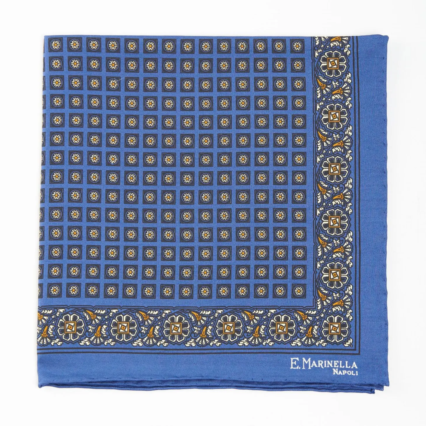Blue Hand-Printed Silk Pocket Square Large Flower Pattern
