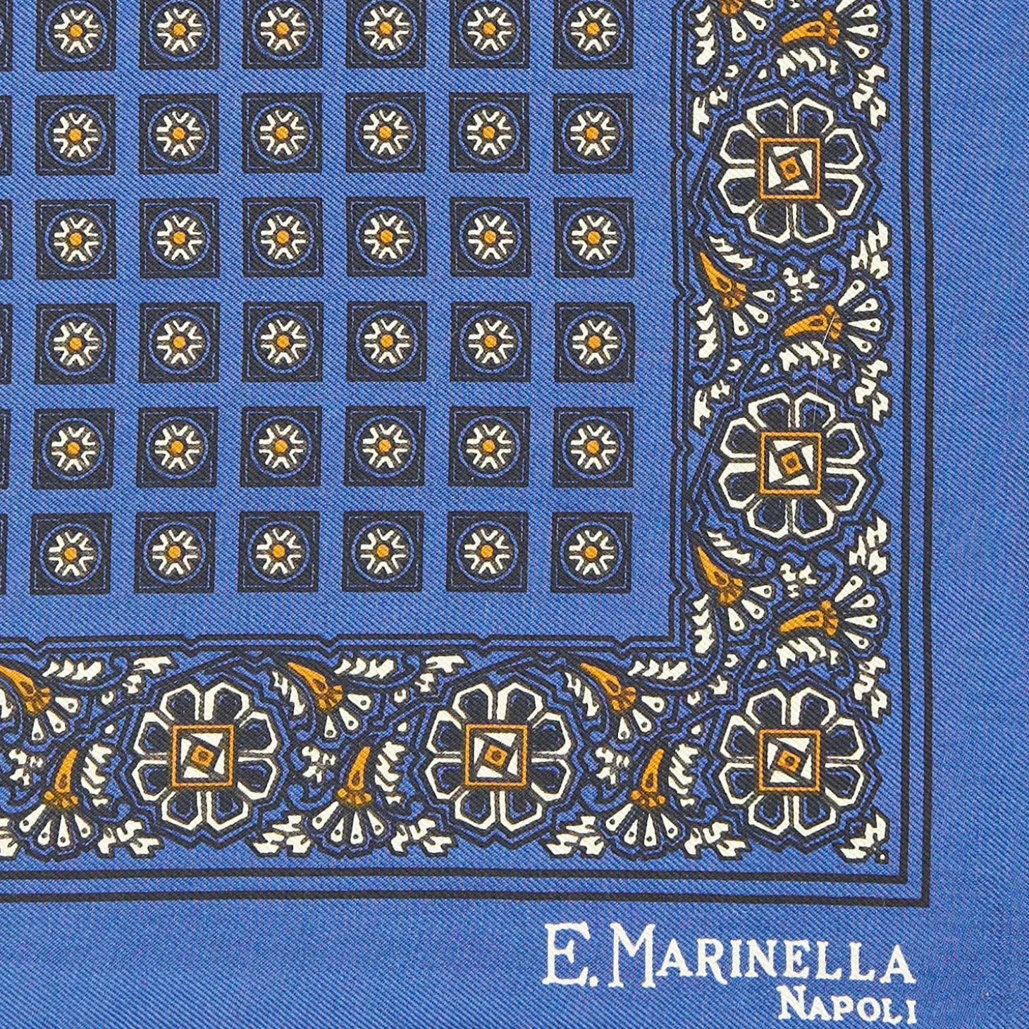 Blue Hand-Printed Silk Pocket Square Large Flower Pattern