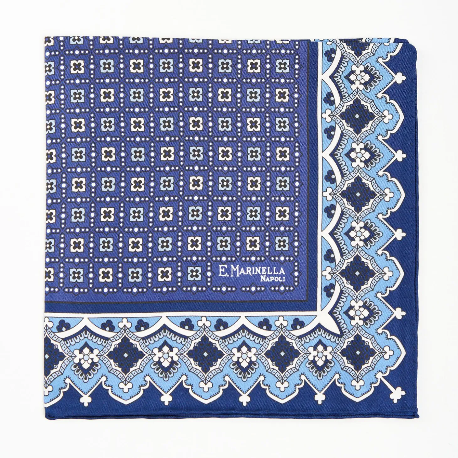 Blue Hand-Printed Silk Pocket Square Large Flower Pattern