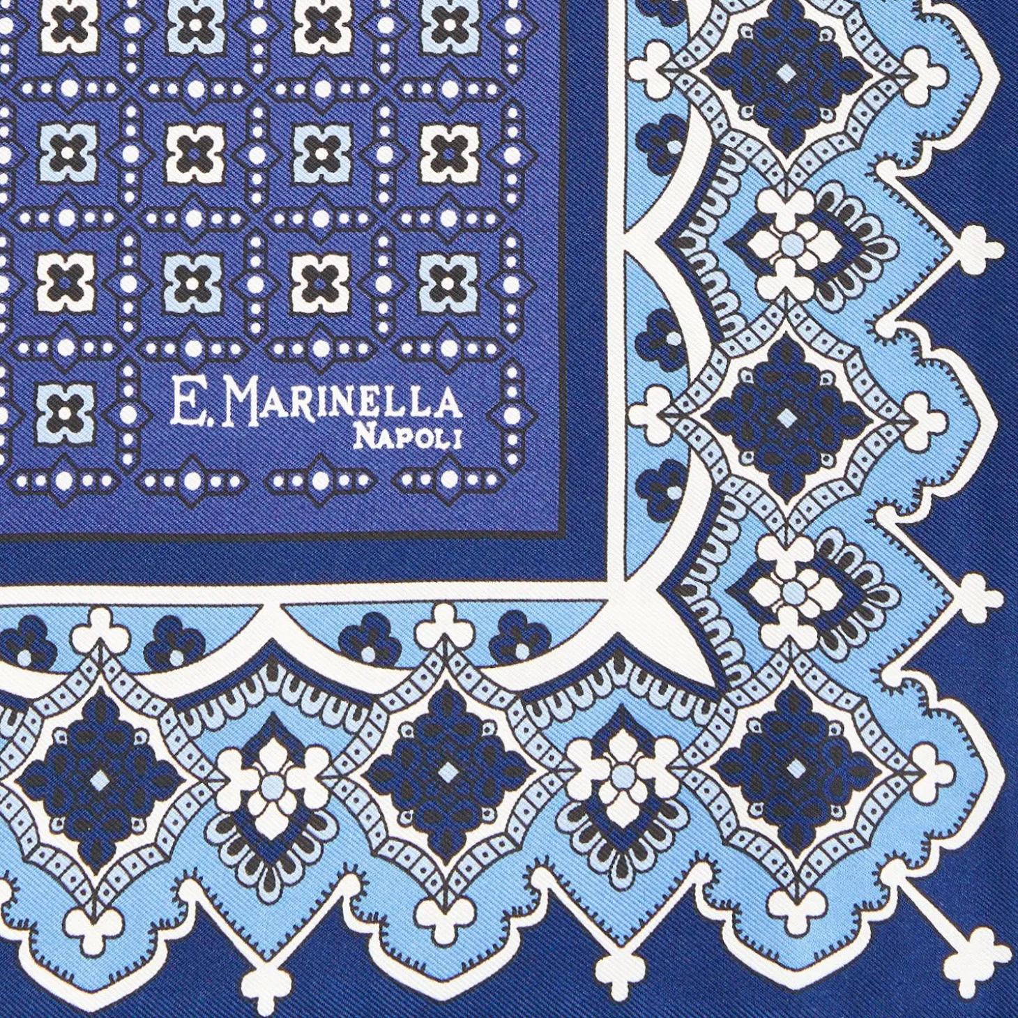 Blue Hand-Printed Silk Pocket Square Large Flower Pattern