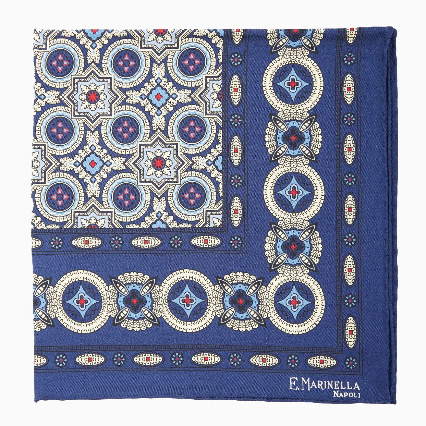 Blue Hand-Printed Silk Pocket Square - Large Flower Pattern