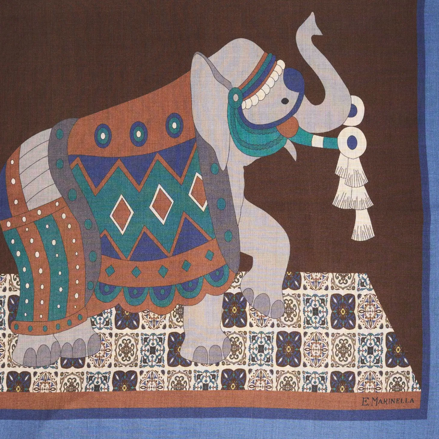 Bluette And Dark Brown Wide Wool Scarf - Ethnic Pattern