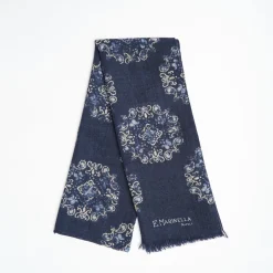 Blue Wool Stole With Floral Decoration