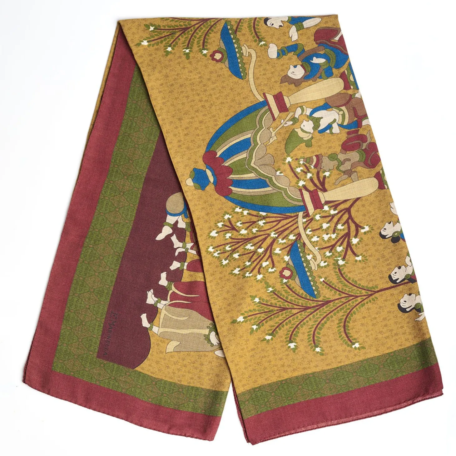 Burgundy And Yellow Wide Wool Scarf - Arabesque Pattern