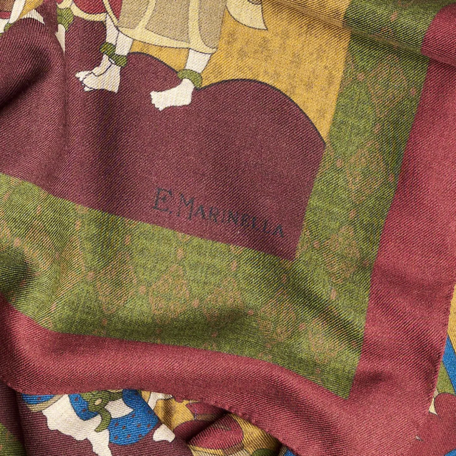 Burgundy And Yellow Wide Wool Scarf - Arabesque Pattern