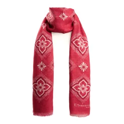 Burgundy Cotton And Linen Scarf - White Macro Flowers