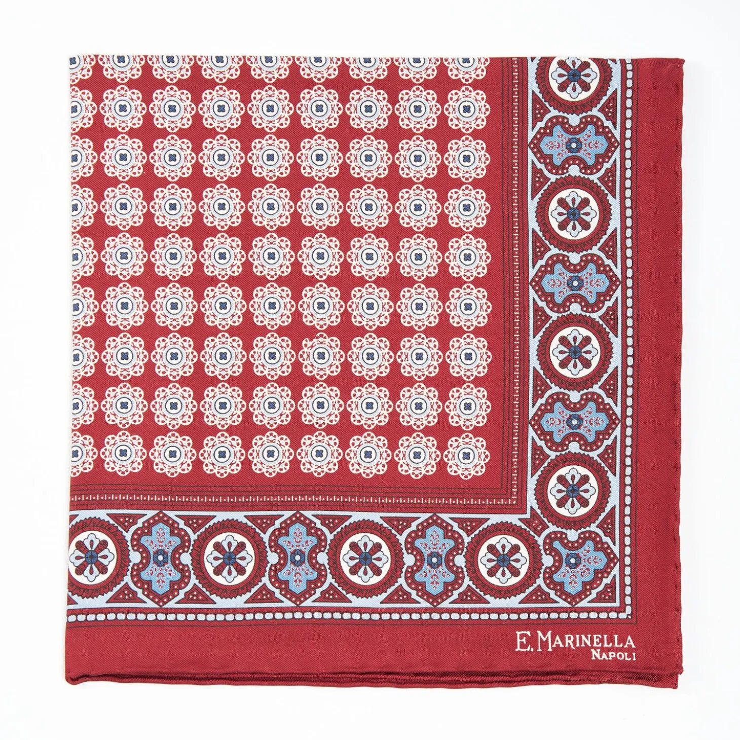 Burgundy Hand-Printed Silk Pocket Square Large Flower Pattern