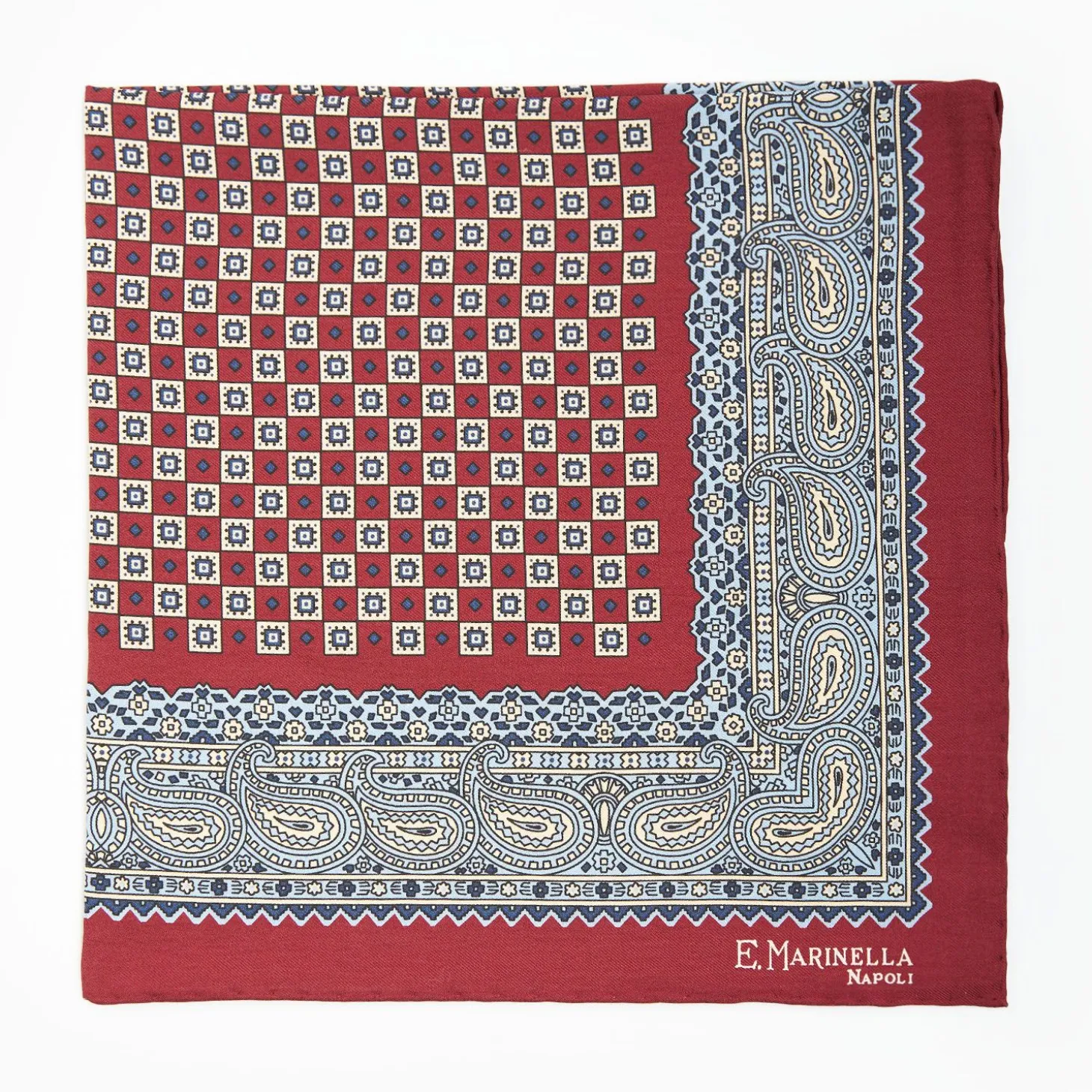 Burgundy Hand-Printed Silk Pocket Square Small Flower Pattern