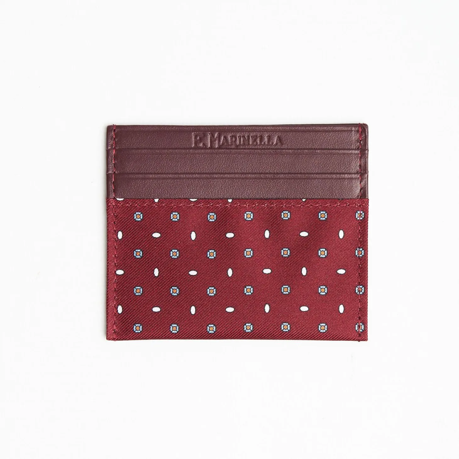 Burgundy Leather And Silk Credit Card Holder - 5 Compartments