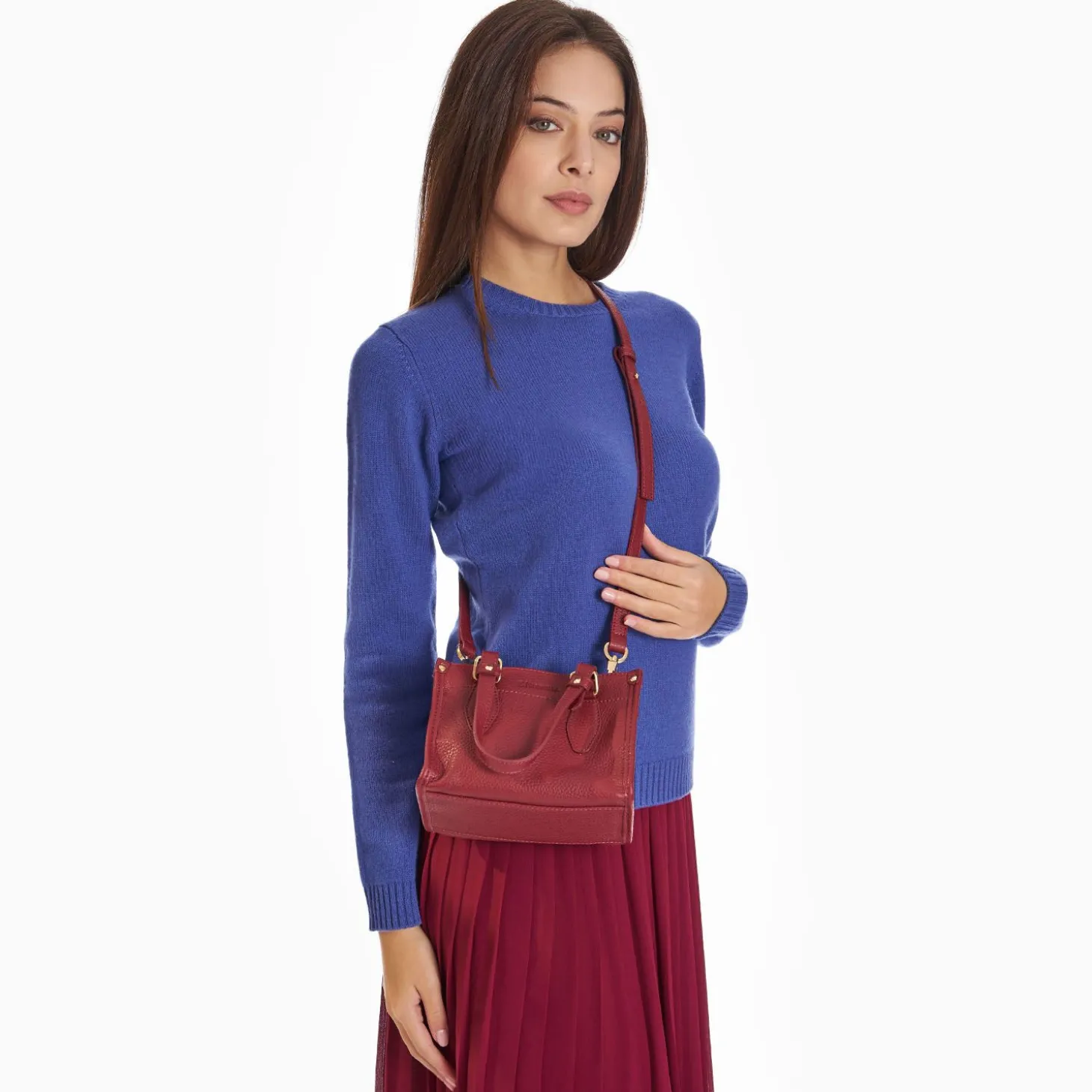Burgundy Mini Shopping Bag In Hammered Leather