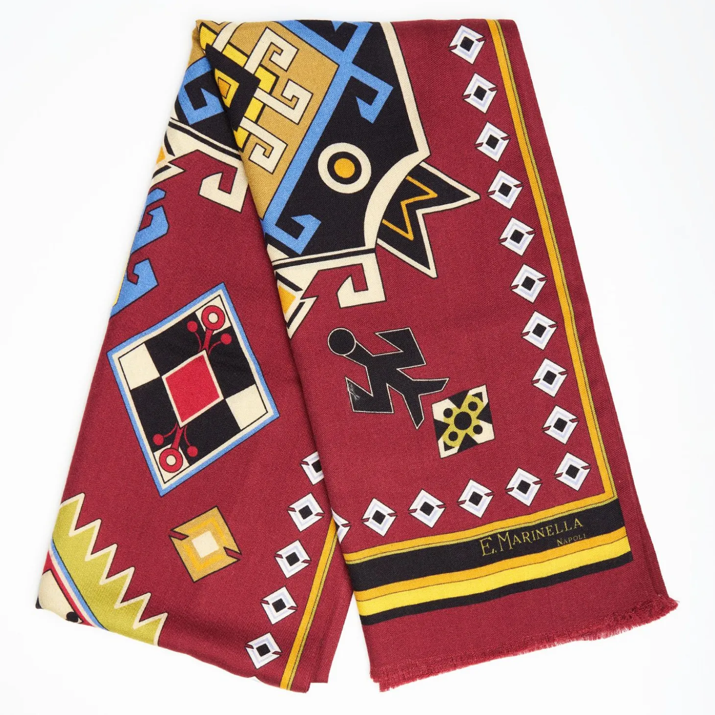 Burgundy Wool And Silk Scarf With Geometric Design