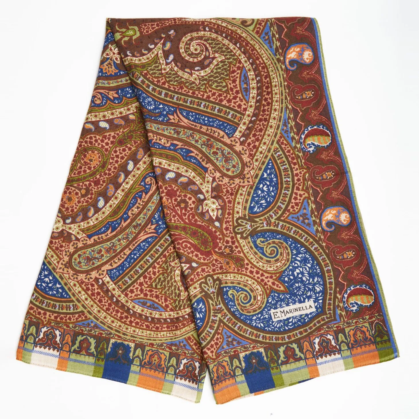 Camel And Bluette Wool Stole - Damask Pattern