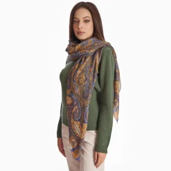 Camel And Lilac Wool Stole - Damask Pattern