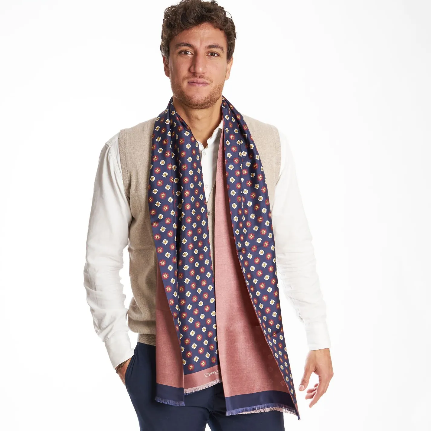 Dark Blue And Pink Double Silk Scarf