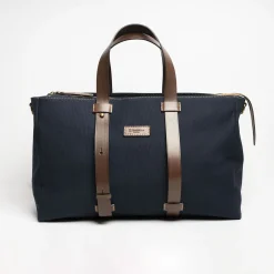 Dark Blue Canvas Weekend Bag With Leather Trim