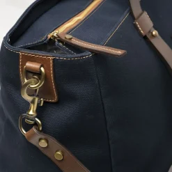 Dark Blue Canvas Weekend Bag With Leather Trim