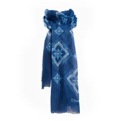 Dark Blue Cotton And Linen Scarf - Light Blue Macro Flowers