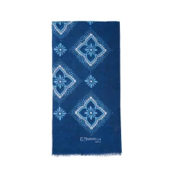 Dark Blue Cotton And Linen Scarf - Light Blue Macro Flowers