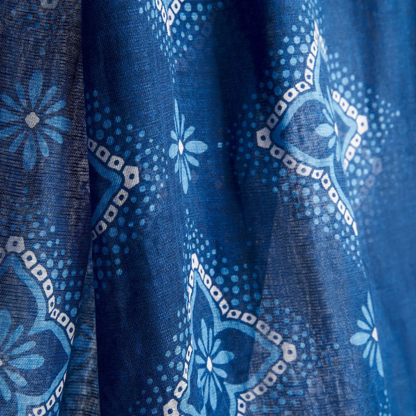 Dark Blue Cotton And Linen Scarf - Light Blue Macro Flowers