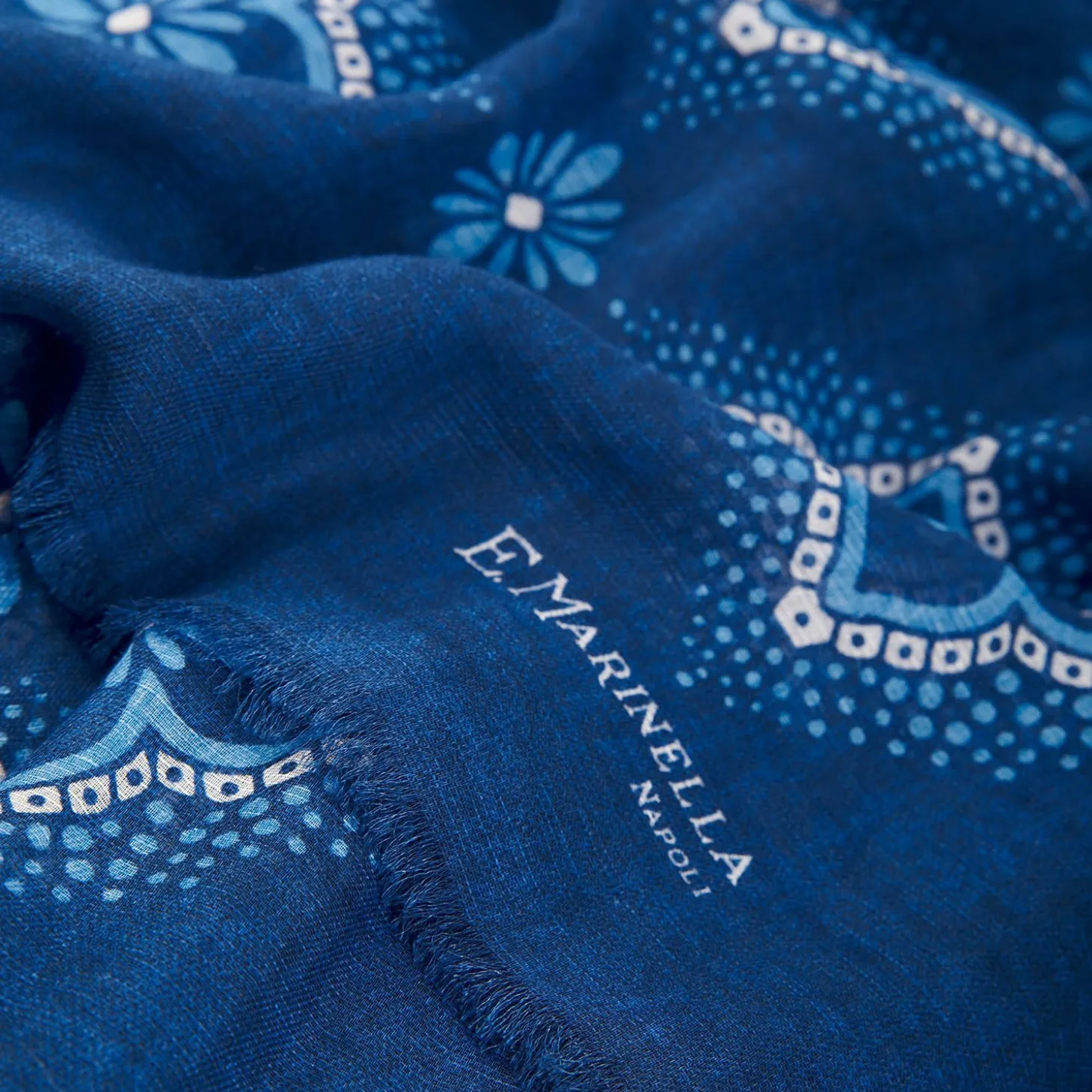 Dark Blue Cotton And Linen Scarf - Light Blue Macro Flowers