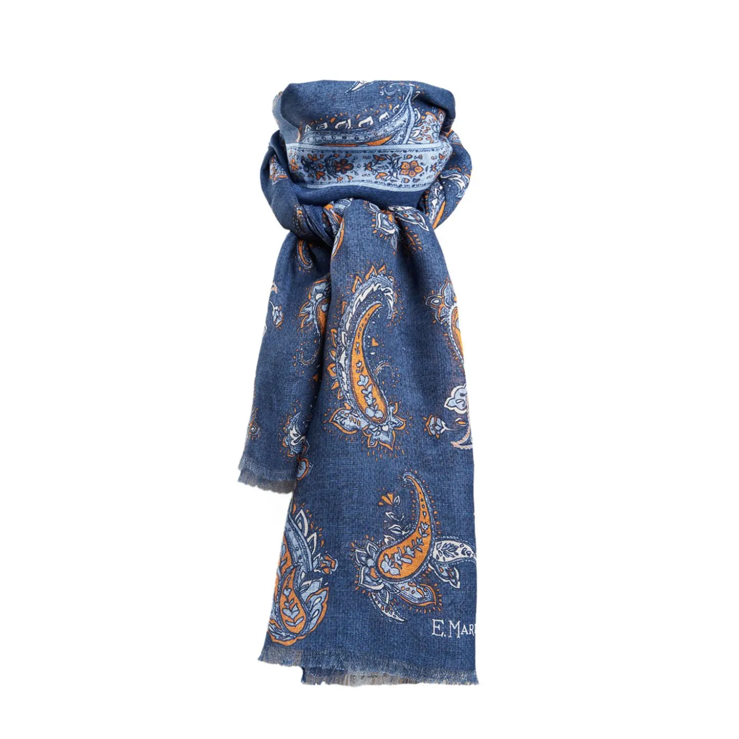 Dark Blue Cotton And Linen Scarf - Paisley Pattern