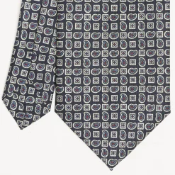 Dark Blue Extra Long Sartorial Silk Tie - Paisley Pattern