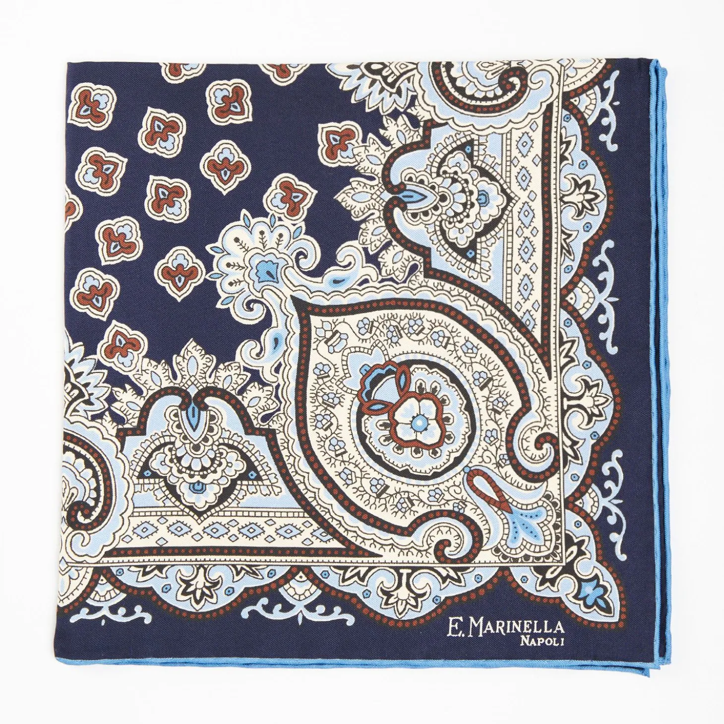 Dark Blue Hand-Printed Silk Pocket Square Large Flower Pattern