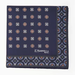 Dark Blue Hand-Printed Silk Pocket Square Large Flower Pattern