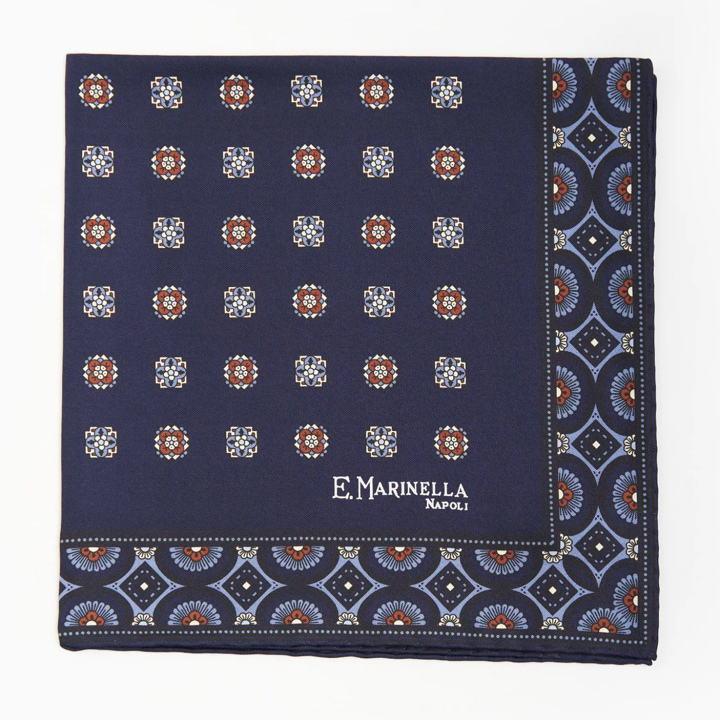 Dark Blue Hand-Printed Silk Pocket Square Large Flower Pattern