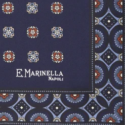 Dark Blue Hand-Printed Silk Pocket Square Large Flower Pattern