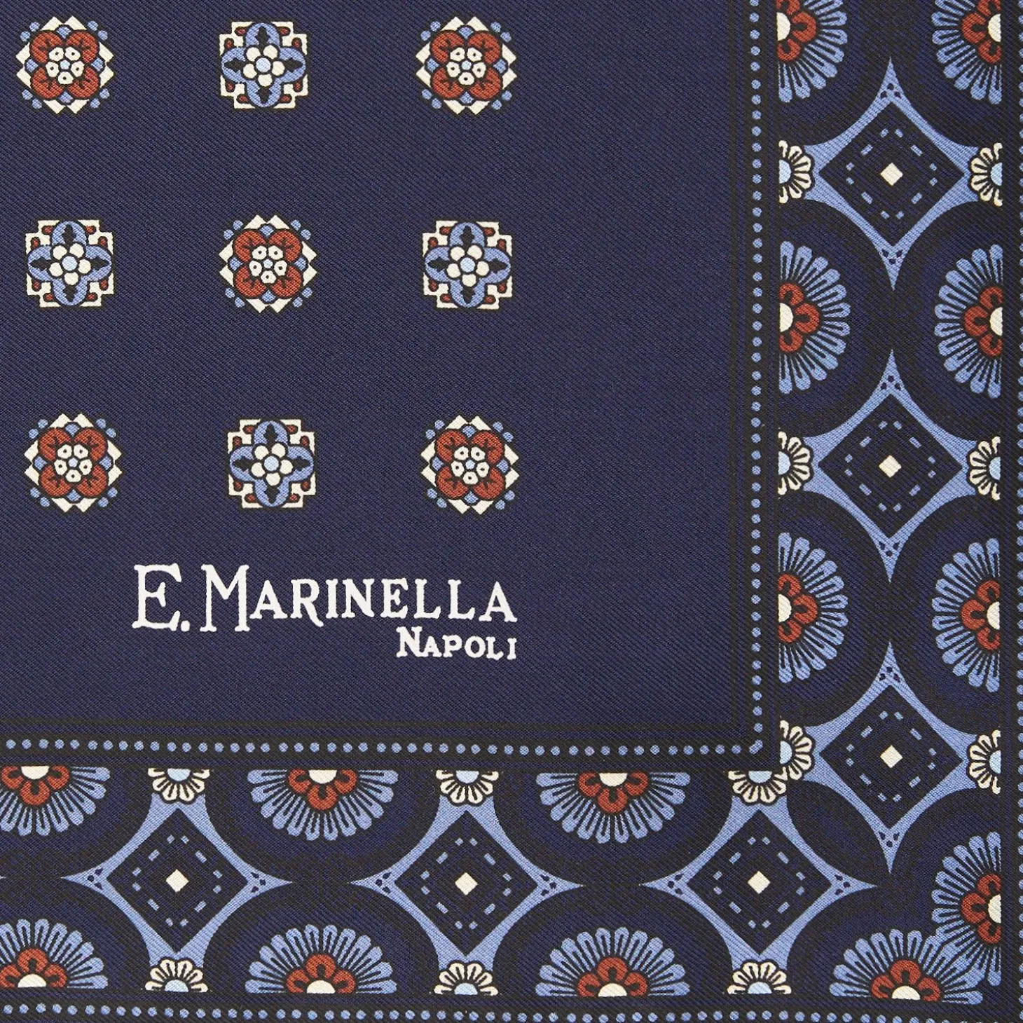 Dark Blue Hand-Printed Silk Pocket Square Large Flower Pattern