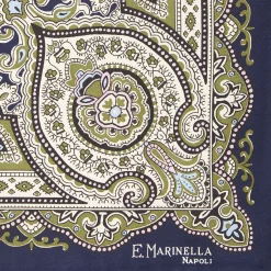 Dark Blue Hand-Printed Silk Pocket Square Large Flower Pattern