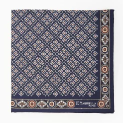 Dark Blue Hand-Printed Silk Pocket Square Large Flower Pattern