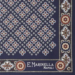 Dark Blue Hand-Printed Silk Pocket Square Large Flower Pattern